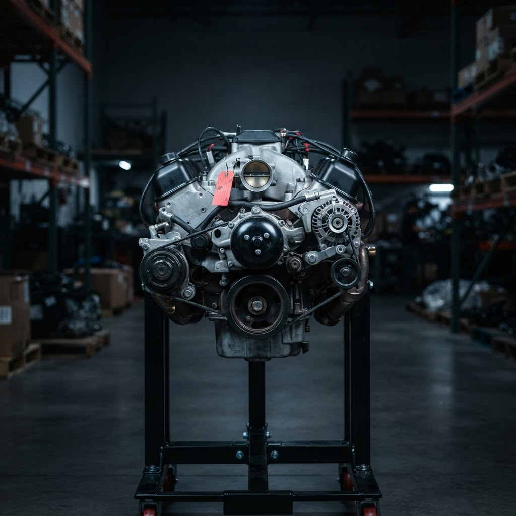 Inspected used V8 engine on a stand under studio lighting
