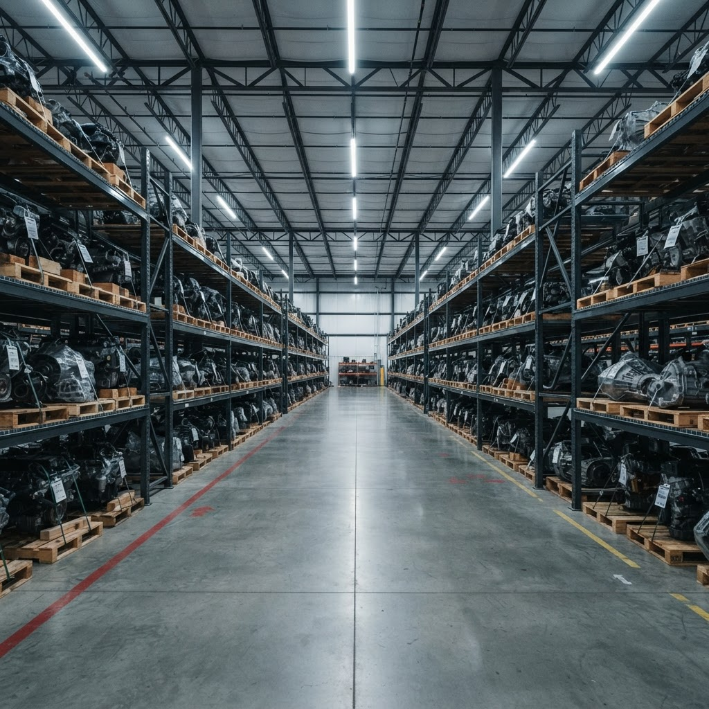 Partner warehouse with rows of shelved, tagged engines and transmissions
