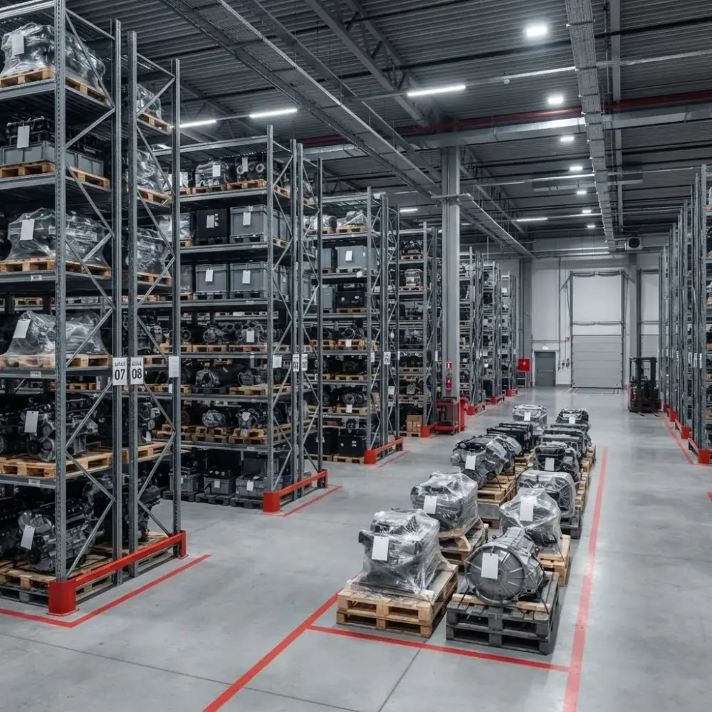 Partner warehouse with rows of shelved, tagged engines and transmissions